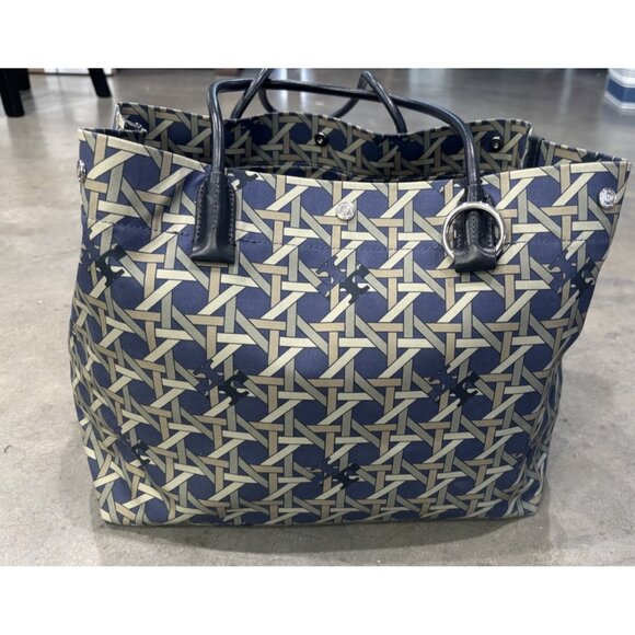 Tory Burch  Basketweave Canvas/ Leather Handles Tote Bag Navy - Picture 1 of 7